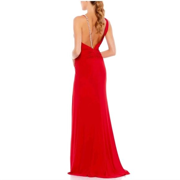 Mac Duggal Ieena 26532 Asymmetrical Pearl Strap V-Neck Gown, Red,  Size 12 NWT - Picture 4 of 11